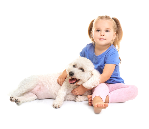Adorable little girl with her dog on white background