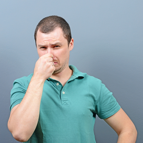 Man holding nose because of dog urine stains and odors
