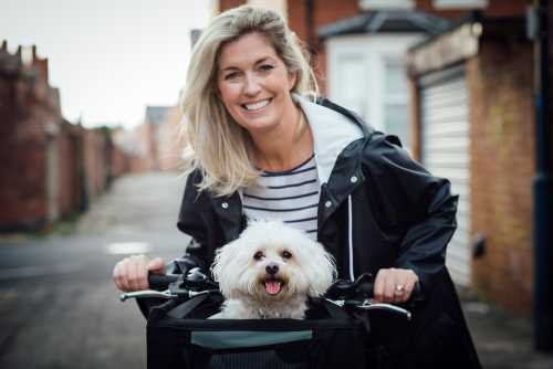 Bichon Frise in bicycle carrier with pretty young woman